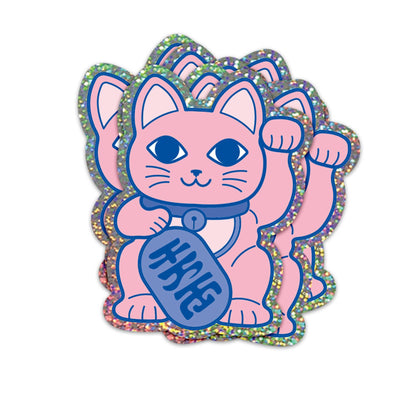 Glitter vinyl lucky cat sticker, pink waving cat holding blue fortune coin