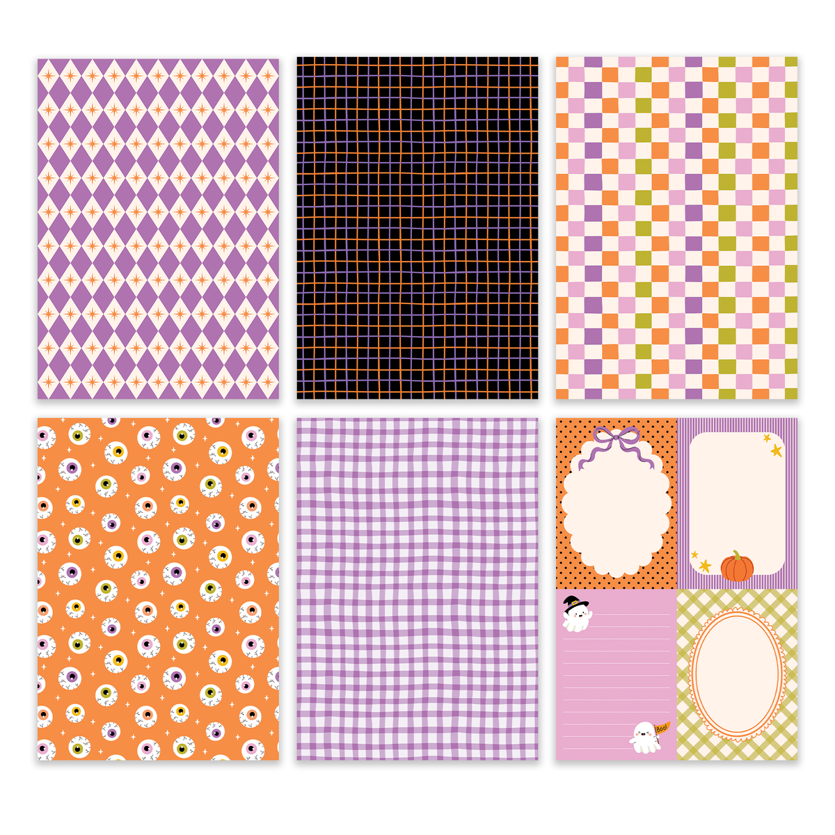 Journaling paper set sheets with diamond pattern, black plaid, pastel checks, orange face icons
