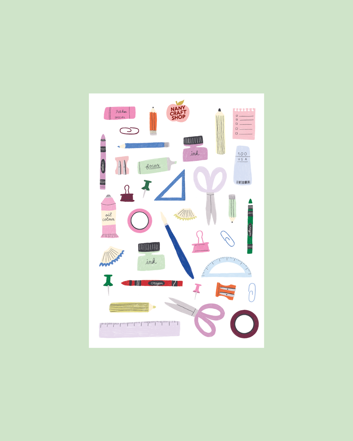 A5 sticker sheet with colorful stationery icons, including rulers, pens, scissors, and hearts