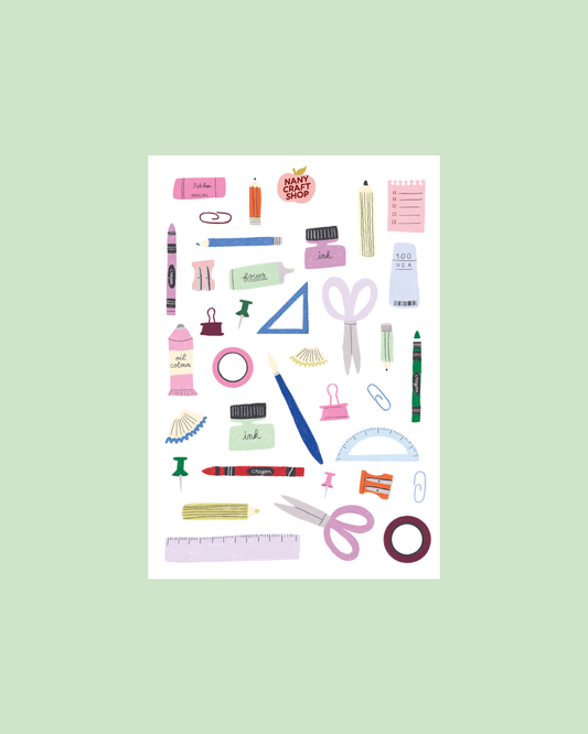 A5 sticker sheet with colorful stationery icons, including rulers, pens, scissors, and hearts