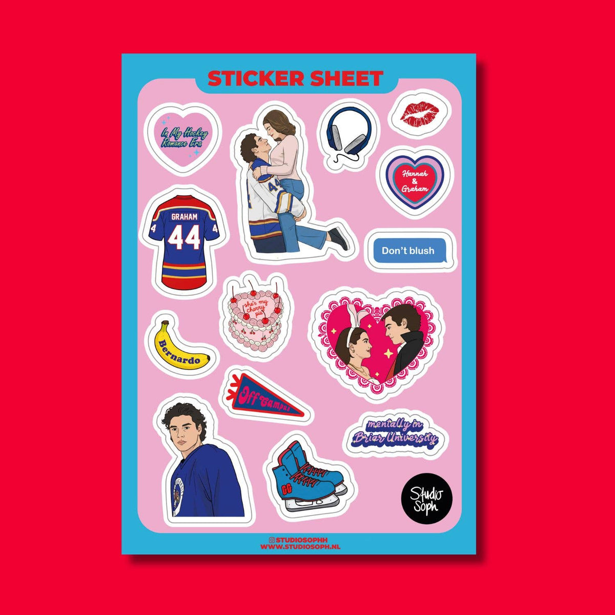 Hockey-themed sticker sheet with character, jersey, and heart decals on pink