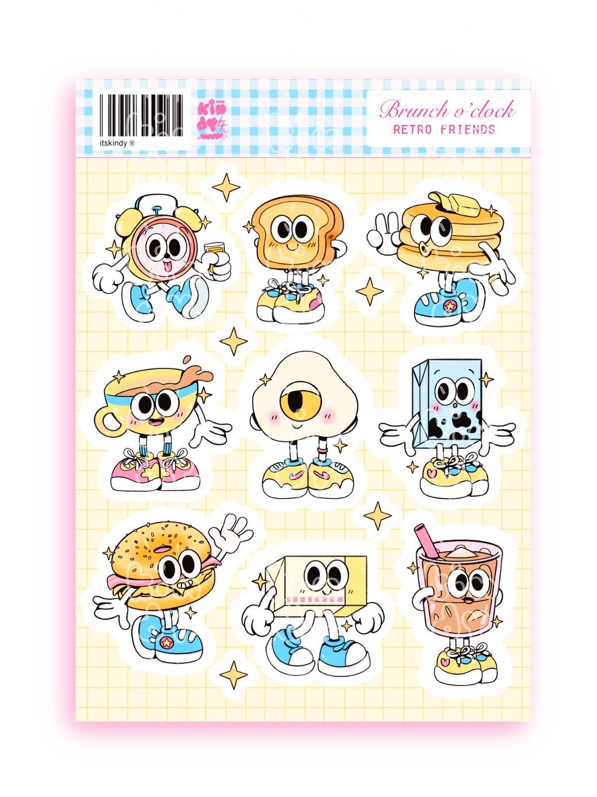 Retro Friends sticker sheet with cartoon breakfast characters in colorful outfits
