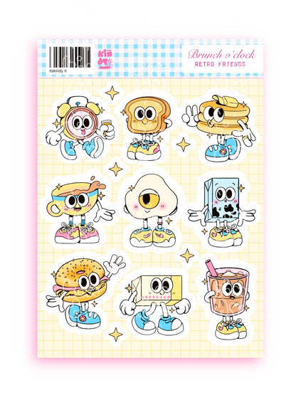 Retro Friends sticker sheet with cartoon breakfast characters in colorful outfits