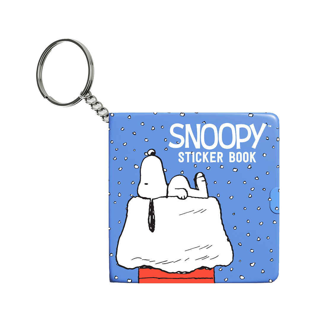 Blue mini sticker book keychain with Snoopy cover and metal key ring, front view