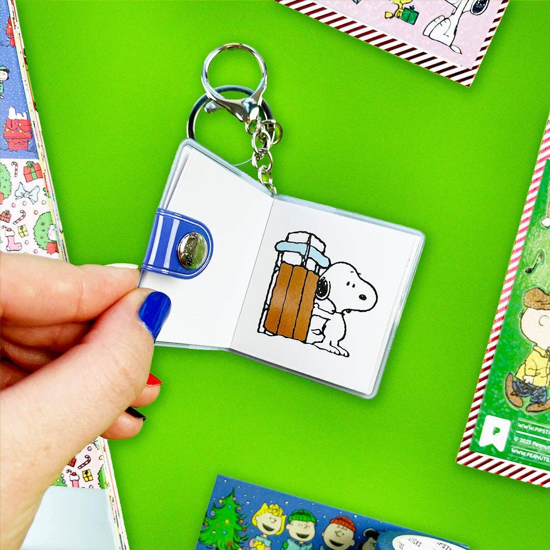 Rectangular mini sticker book keychain open, Snoopy with brown object page and key rings