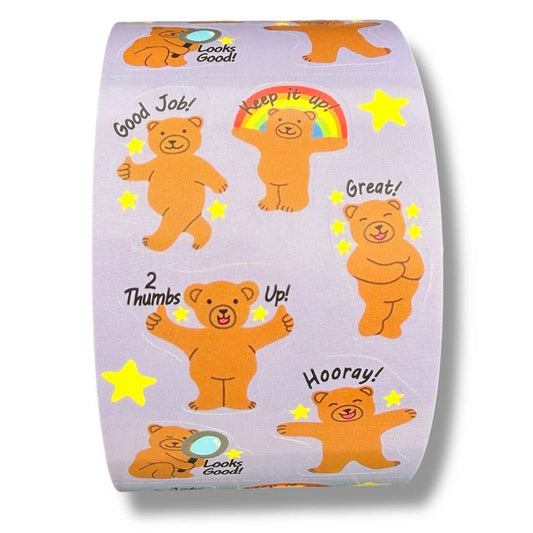 Achievement bears sticker roll, purple roll with orange bear motivational messages