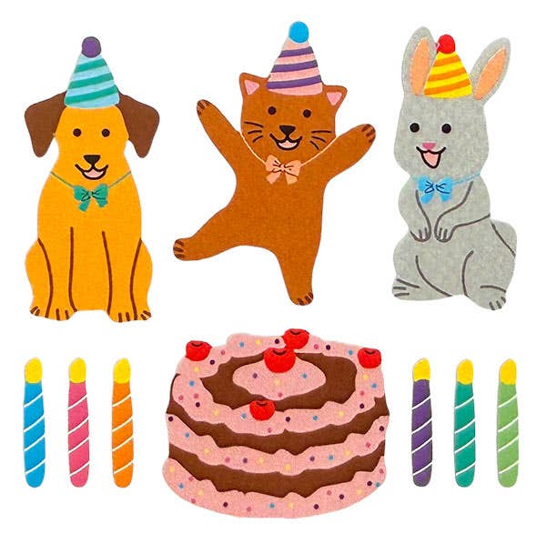 Birthday pet sticker set with orange cat, dog, rabbit, cake, and multicolor candles