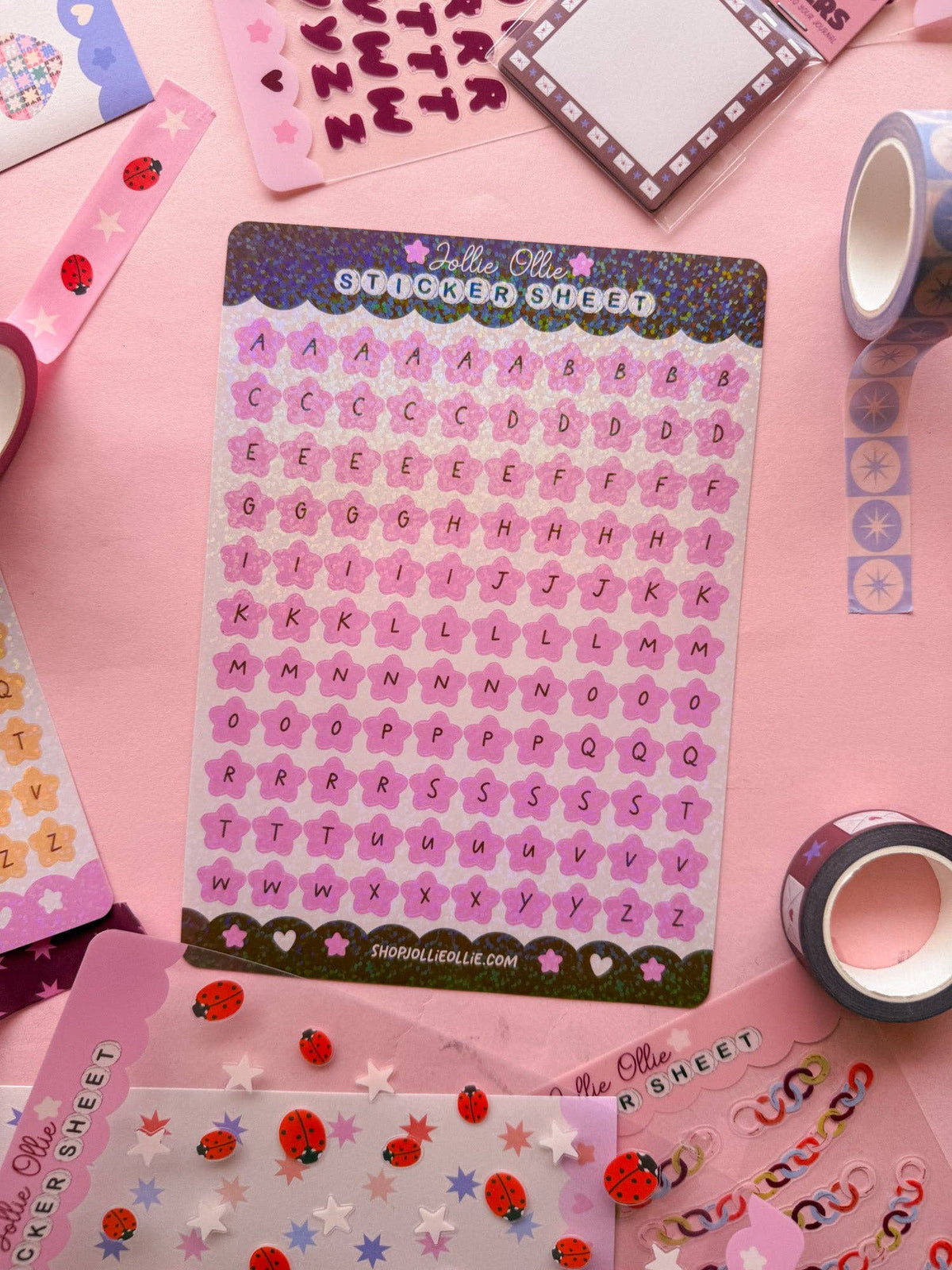 Pink letter sticker sheet with glitter alphabet, stars and small heart icons