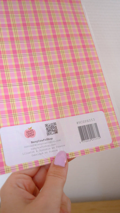 Back of A5 sticker sheet with pink and yellow plaid pattern and product label