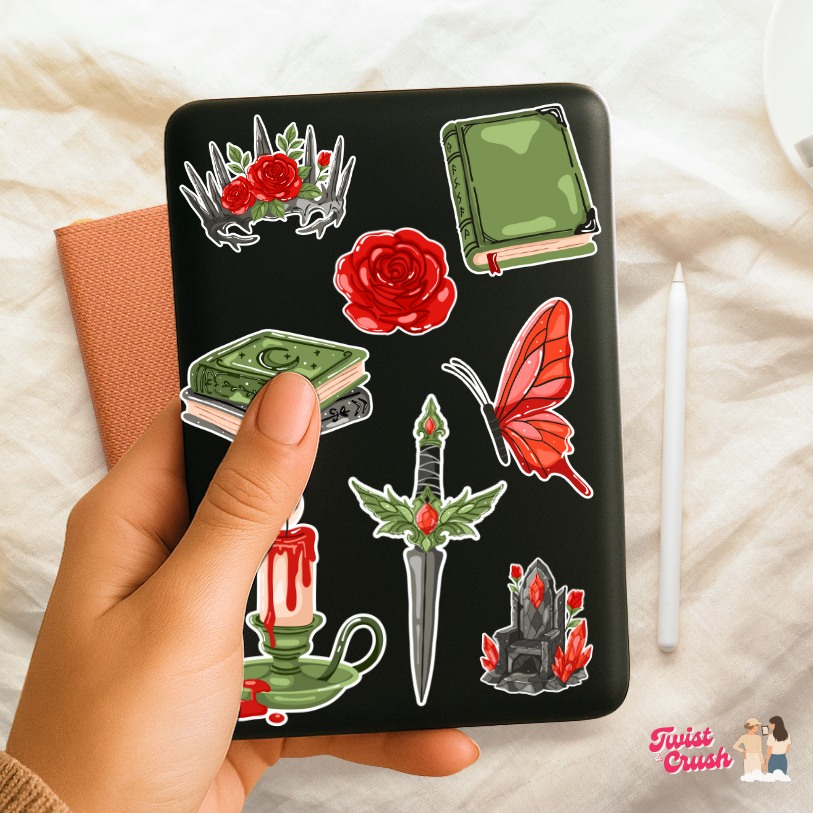 Book-themed sticker set on black case: roses, money, butterfly, wand