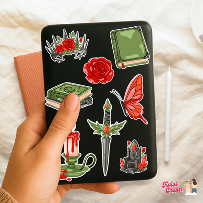 Book-themed sticker set on black case: roses, money, butterfly, wand