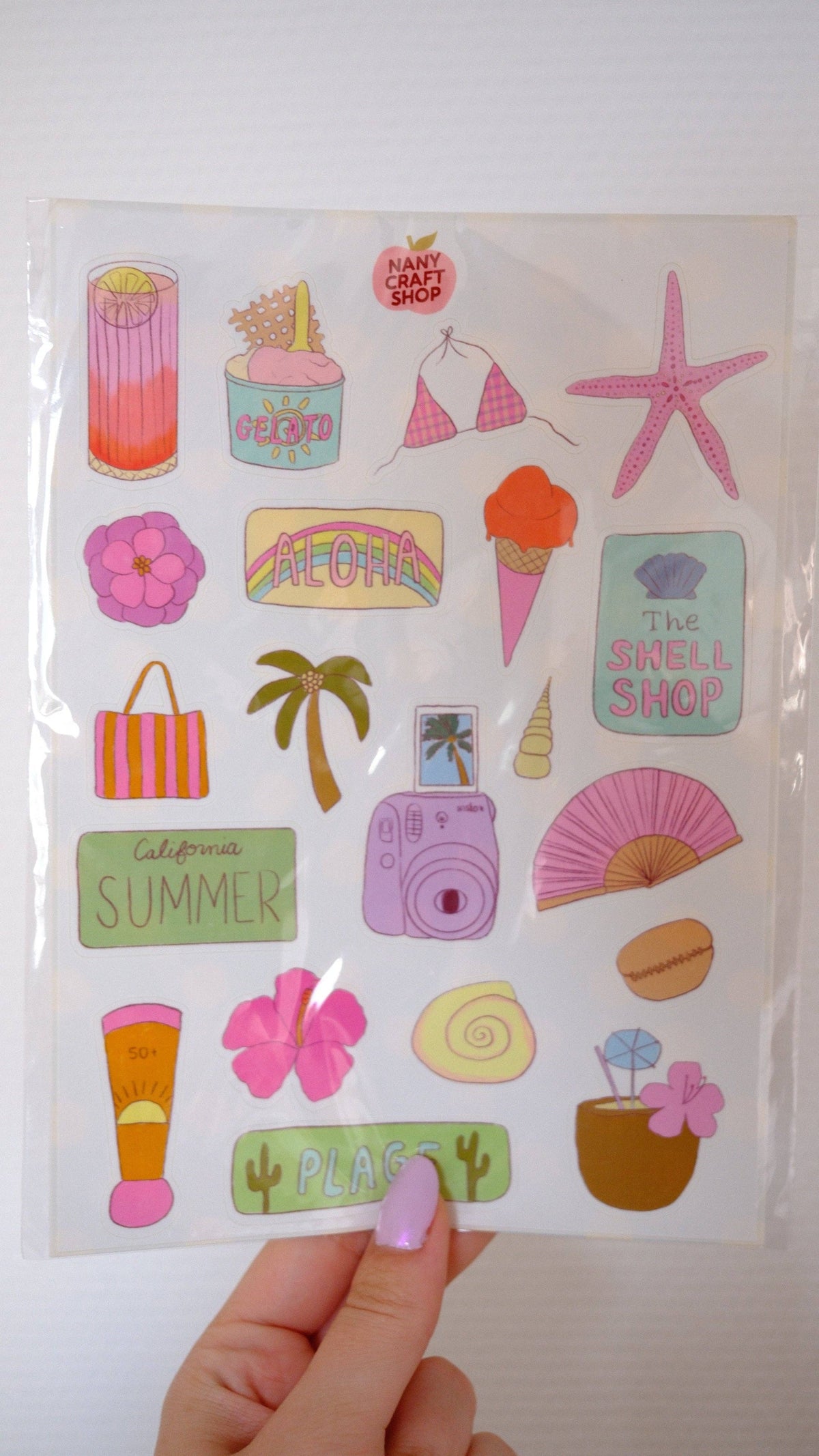 A5 summer sticker sheet with coastal icons, including starfish, shell, and ice cream