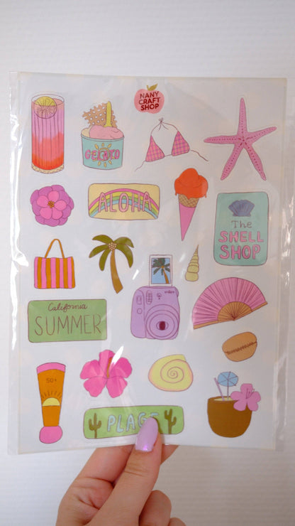 A5 summer sticker sheet with coastal icons, including starfish, shell, and ice cream