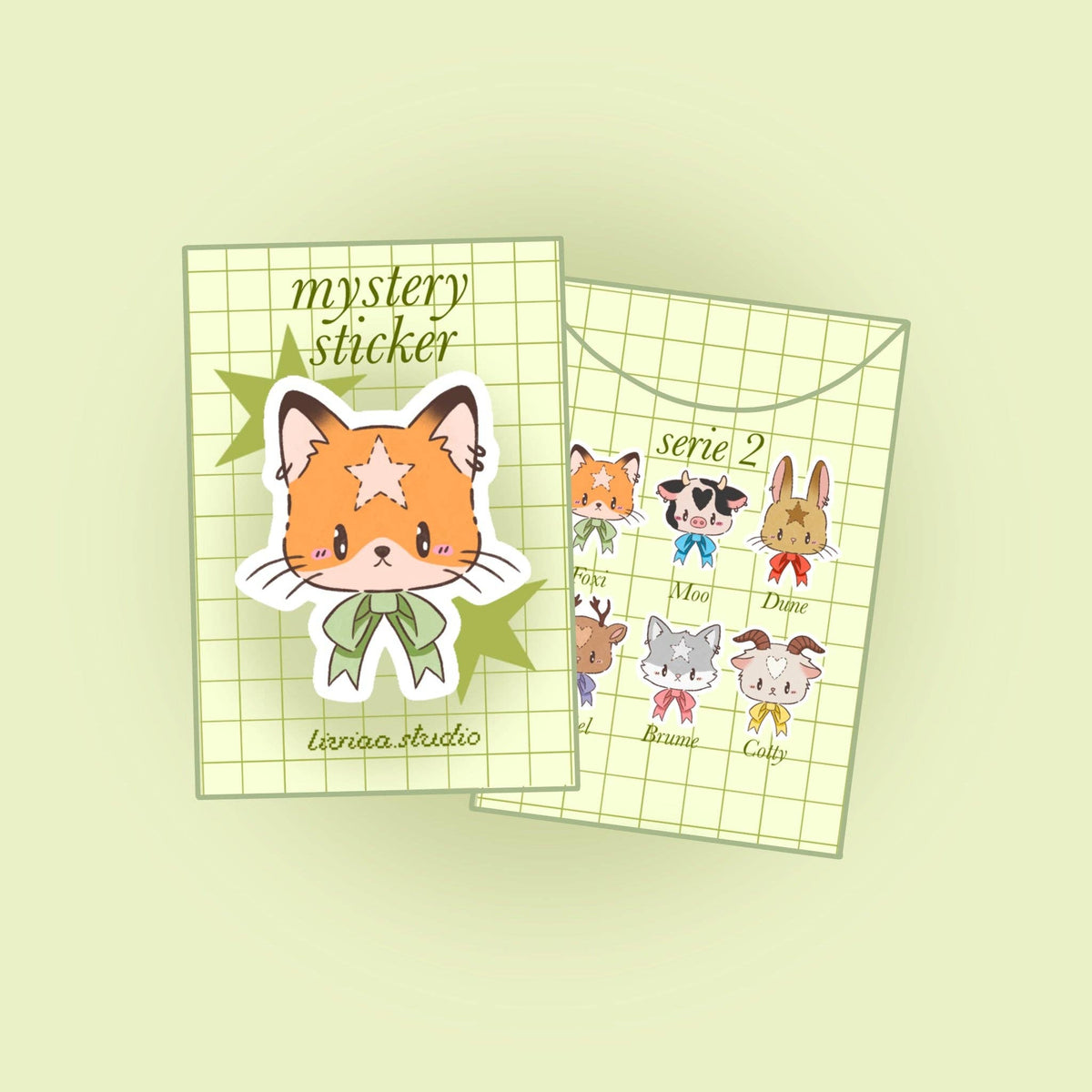 Mystery animal sticker sheet with orange cat design and green ribbon bow