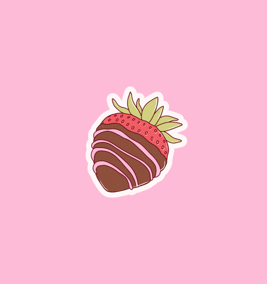 Holographic strawberry slice sticker with white outline and glossy pink-red sheen
