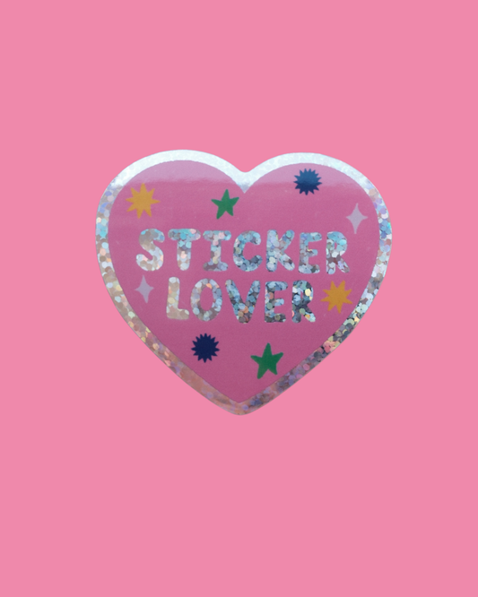 Heart sticker, purple with glitter border, 'STICKER LOVER' text and star icons