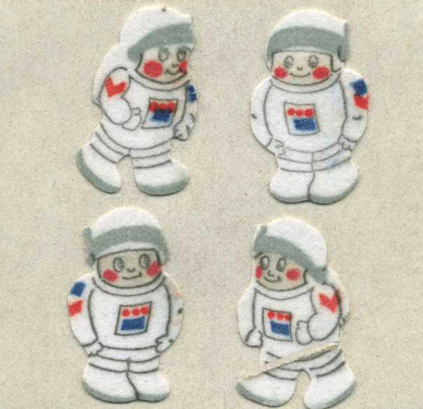 Sticker roll of fuzzy astronaut stickers with heart and space-suit designs