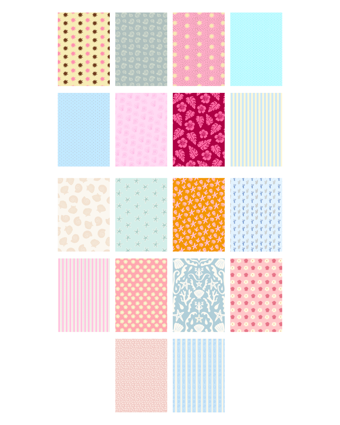 Scrapbook paper assortment grid with multiple pastel pattern designs