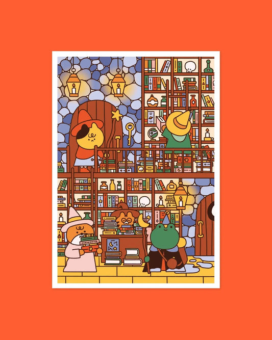 Wizard’s library illustrated A6 print, 10x15 cm, white border, bookstore scene
