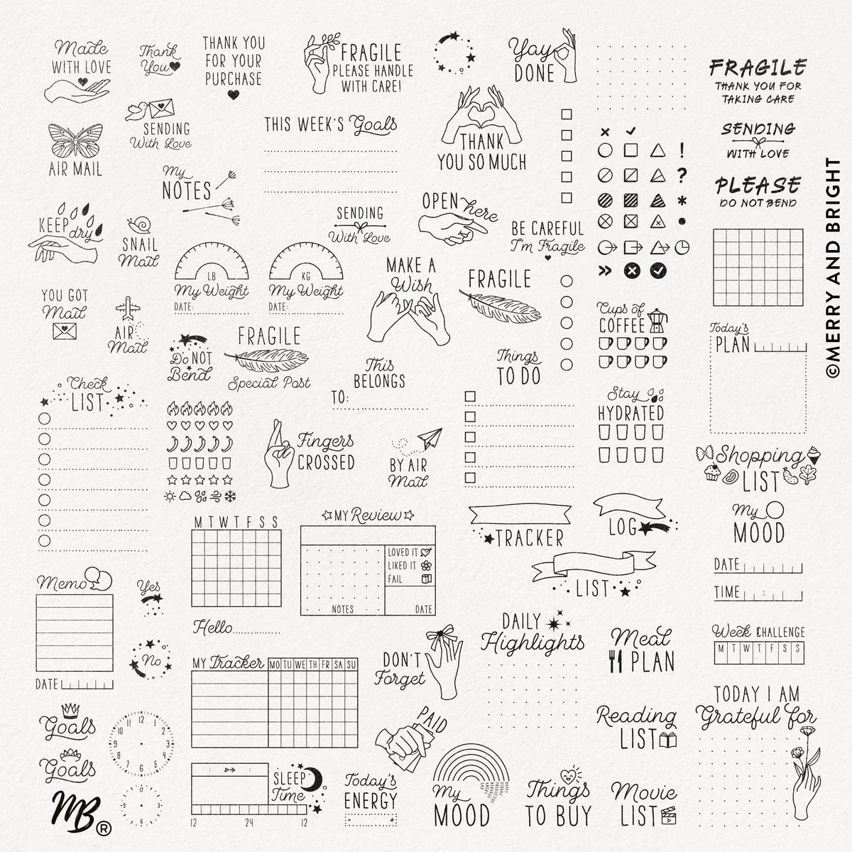 Stamp design sheet with checklist icons, grids, and label-style outline drawings