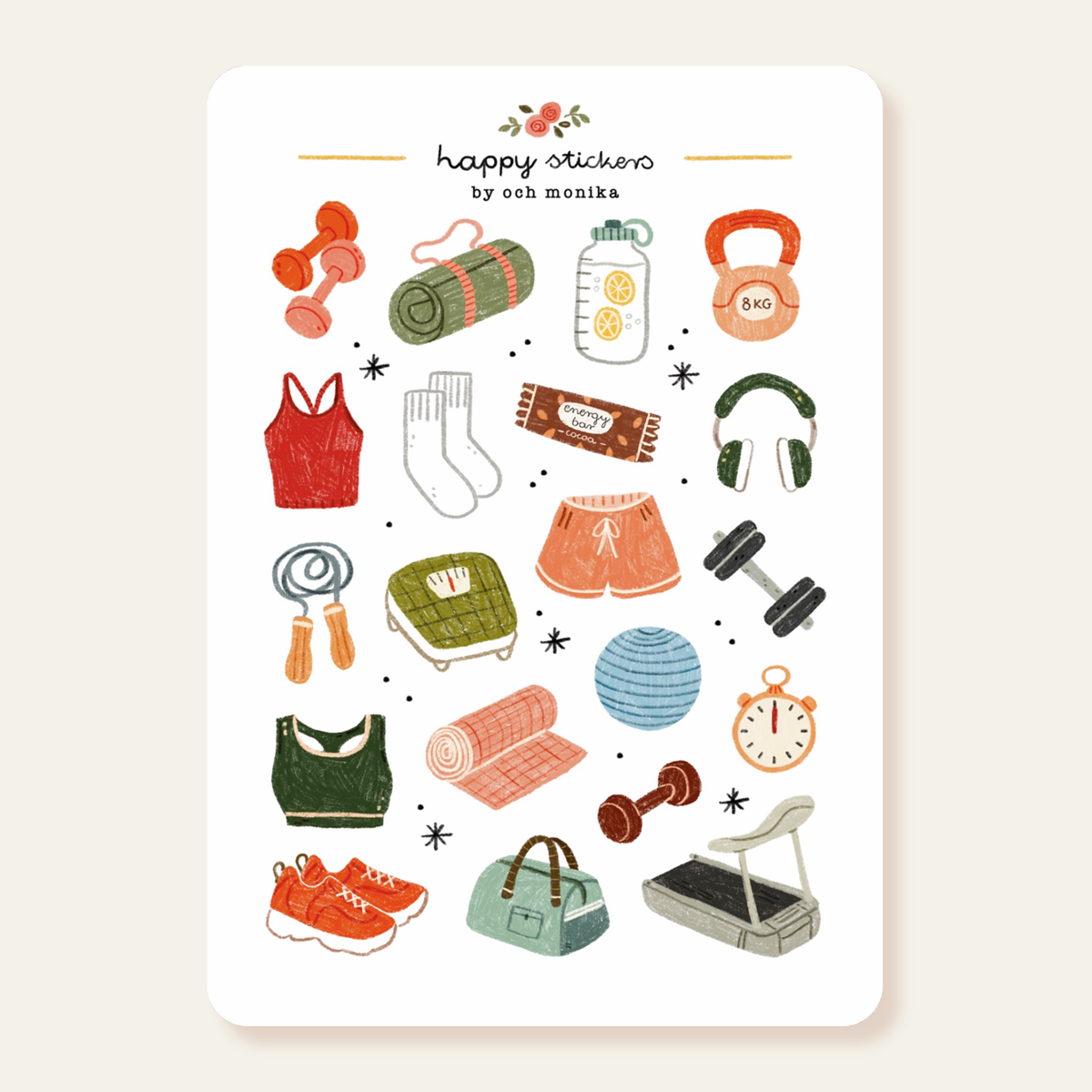 Fitness sticker sheet with red and green workout icons, weights, shoes, and water bottle