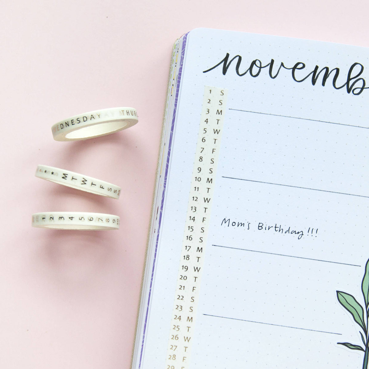 Day-labeled washi tape rolls with “Wednesday” and date numbers beside planner pages