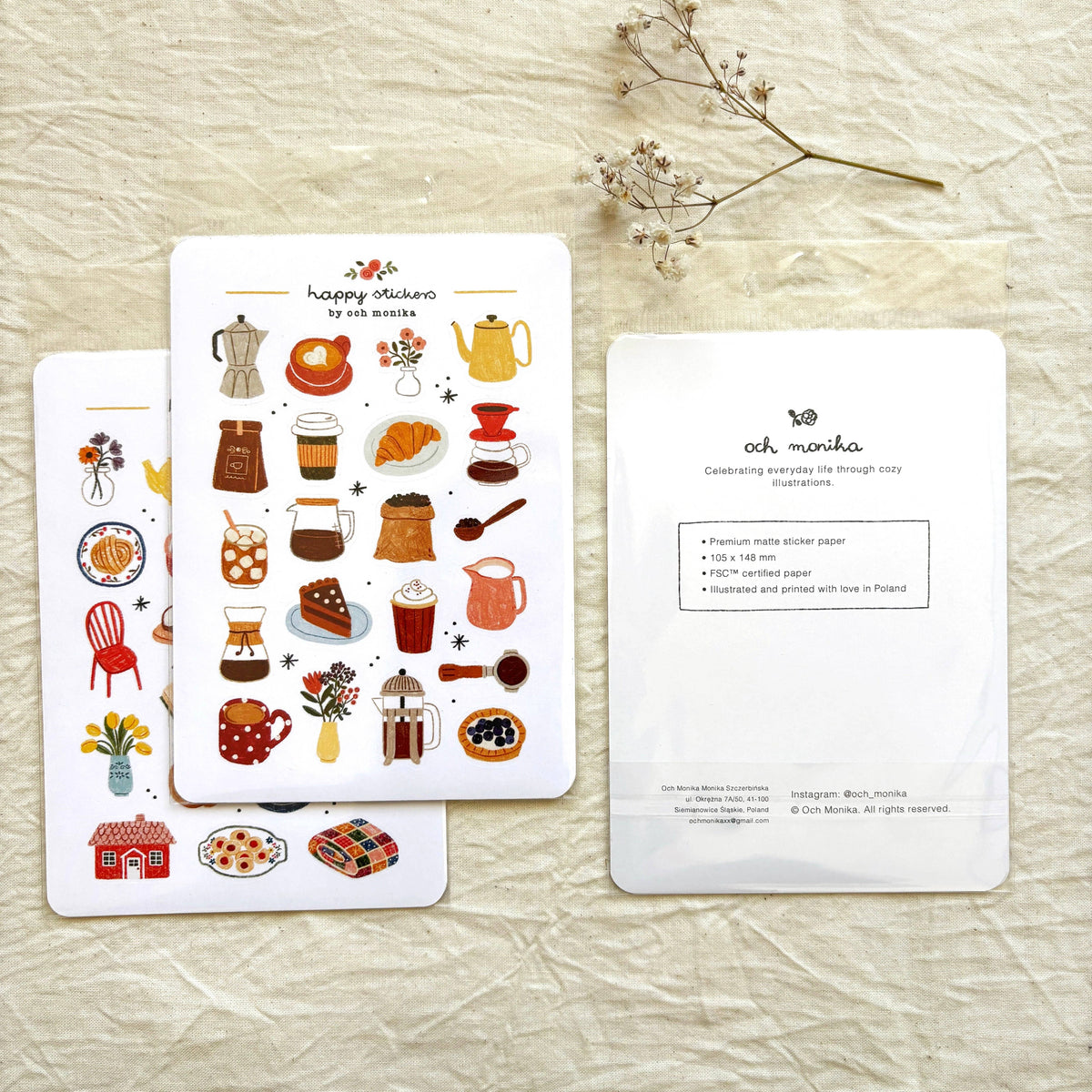 Sticker sheet with tea and coffee icons, shown beside an information back card