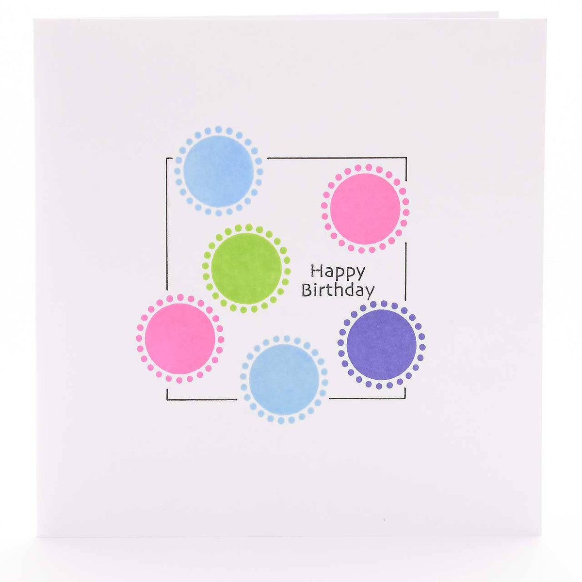 Happy Birthday stamp design with dotted circle frames in blue, pink, purple, green