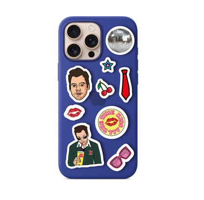 Music-themed sticker set on a phone case, showing star, face, tie, and sunglasses stickers.