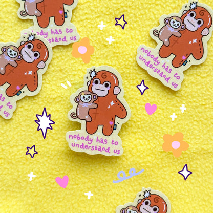 Mini monkey sticker set with hearts and stars, 'nobody has to understand us' text