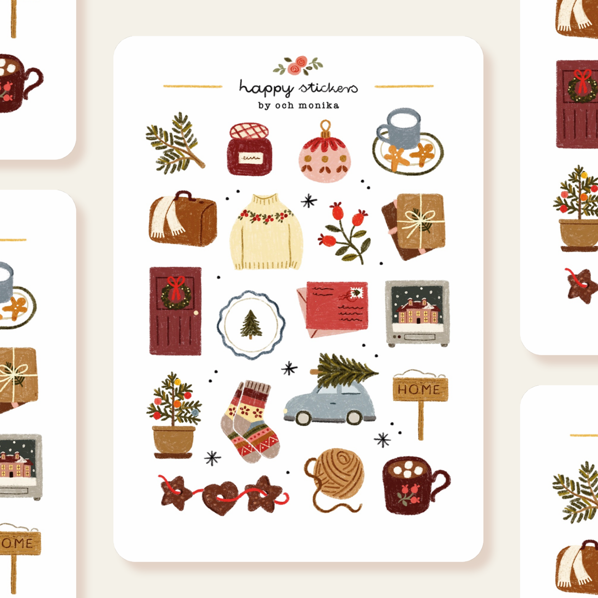 Winter sticker sheet with illustrated mugs, gifts, sweaters, wreath, and holiday sign.