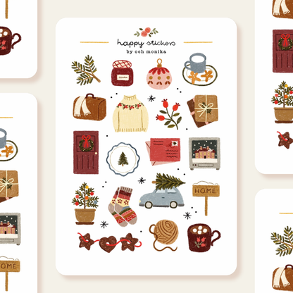Winter sticker sheet with illustrated mugs, gifts, sweaters, wreath, and holiday sign.