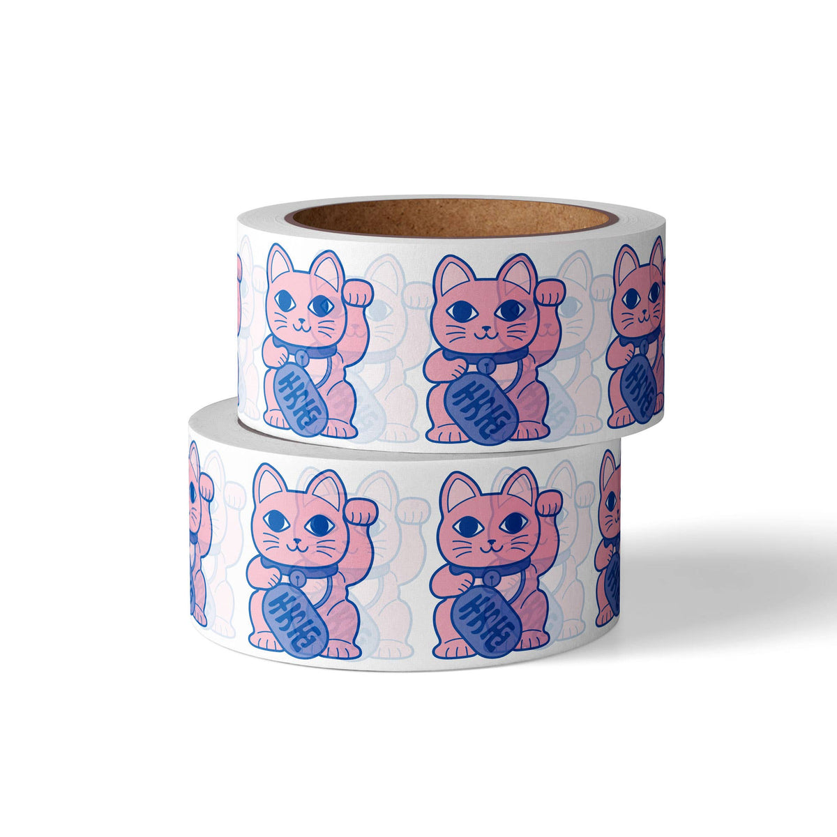 Maneki neko washi tape roll with blue and pink cat faces on pale background