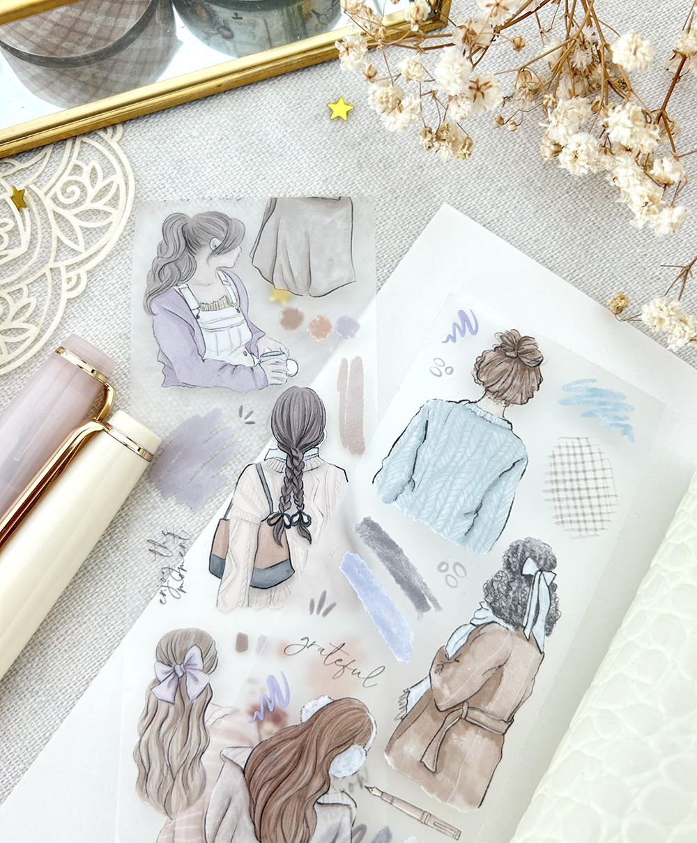Cool PET tape sheet with illustrated girls in light blue, beige, and gray outfits