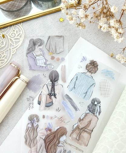 Cool PET tape sheet with illustrated girls in light blue, beige, and gray outfits