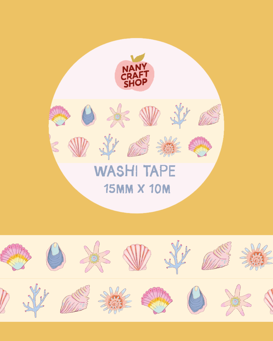 Light beige washi tape roll with pastel seashell and coral pattern strips