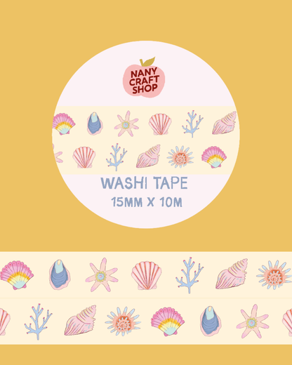 Light beige washi tape roll with pastel seashell and coral pattern strips