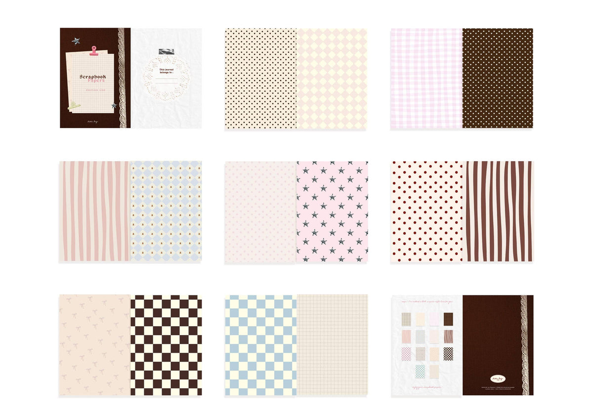 Scrapbook paper design sheets with polka dots, stripes, checks, and grid patterns