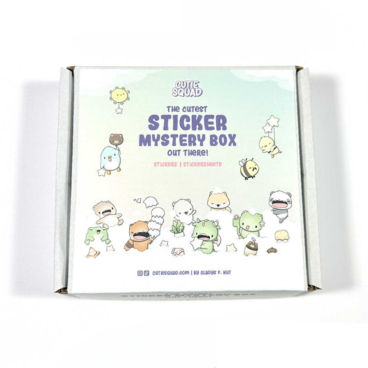 Sticker mystery box with cute cartoon character artwork and sticker silhouettes on the lid
