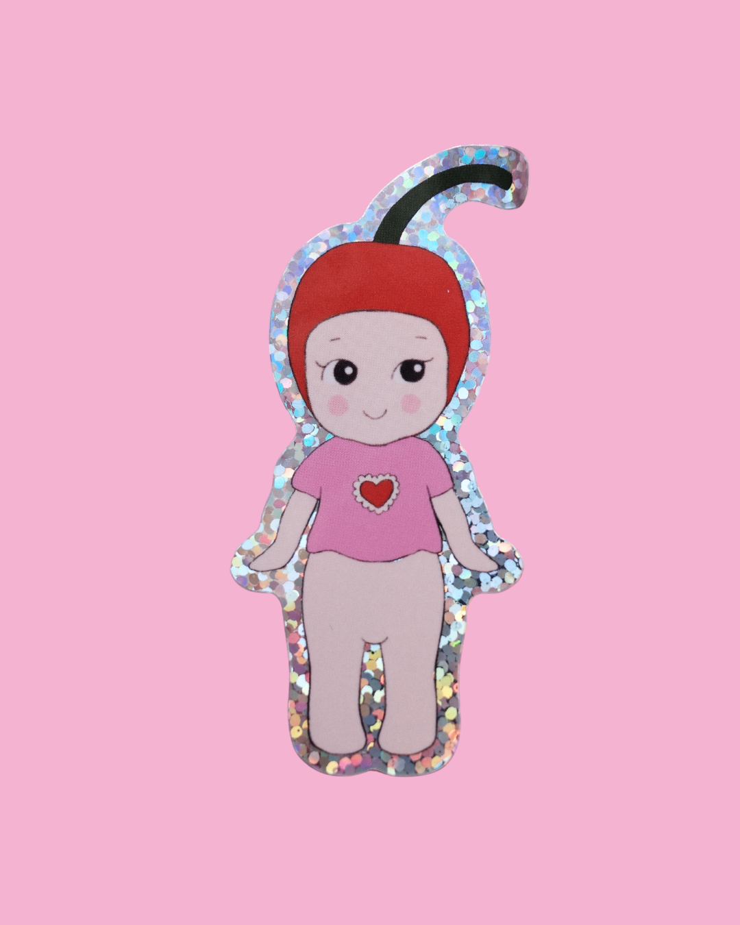 Baby cherry sticker of a cartoon girl with blue patterned hood and pink shirt with heart