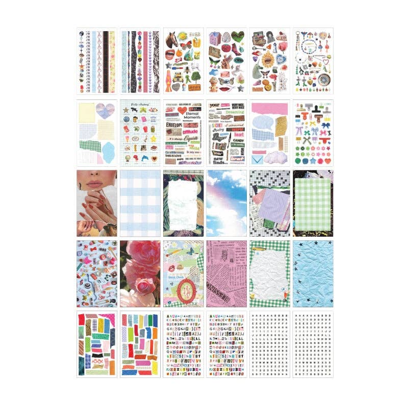Sticker collection sheet with many printed designs, labels, and patterned blocks