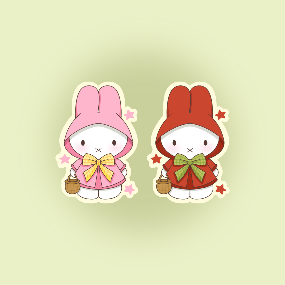 Cartoon bunny stickers, red and pink hooded characters with bows and star accents