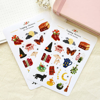 Witchy sticker sheet laid flat with boots, cat, magic tools, butterflies, plants