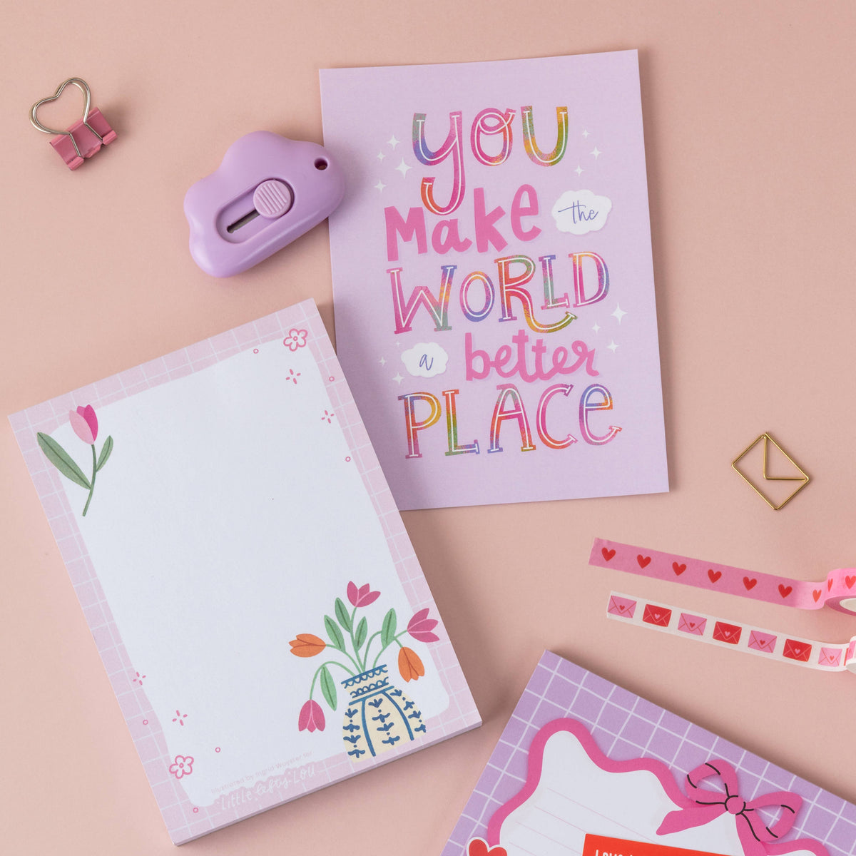 Purple postcard featuring colorful text: 'You make the world a better place'