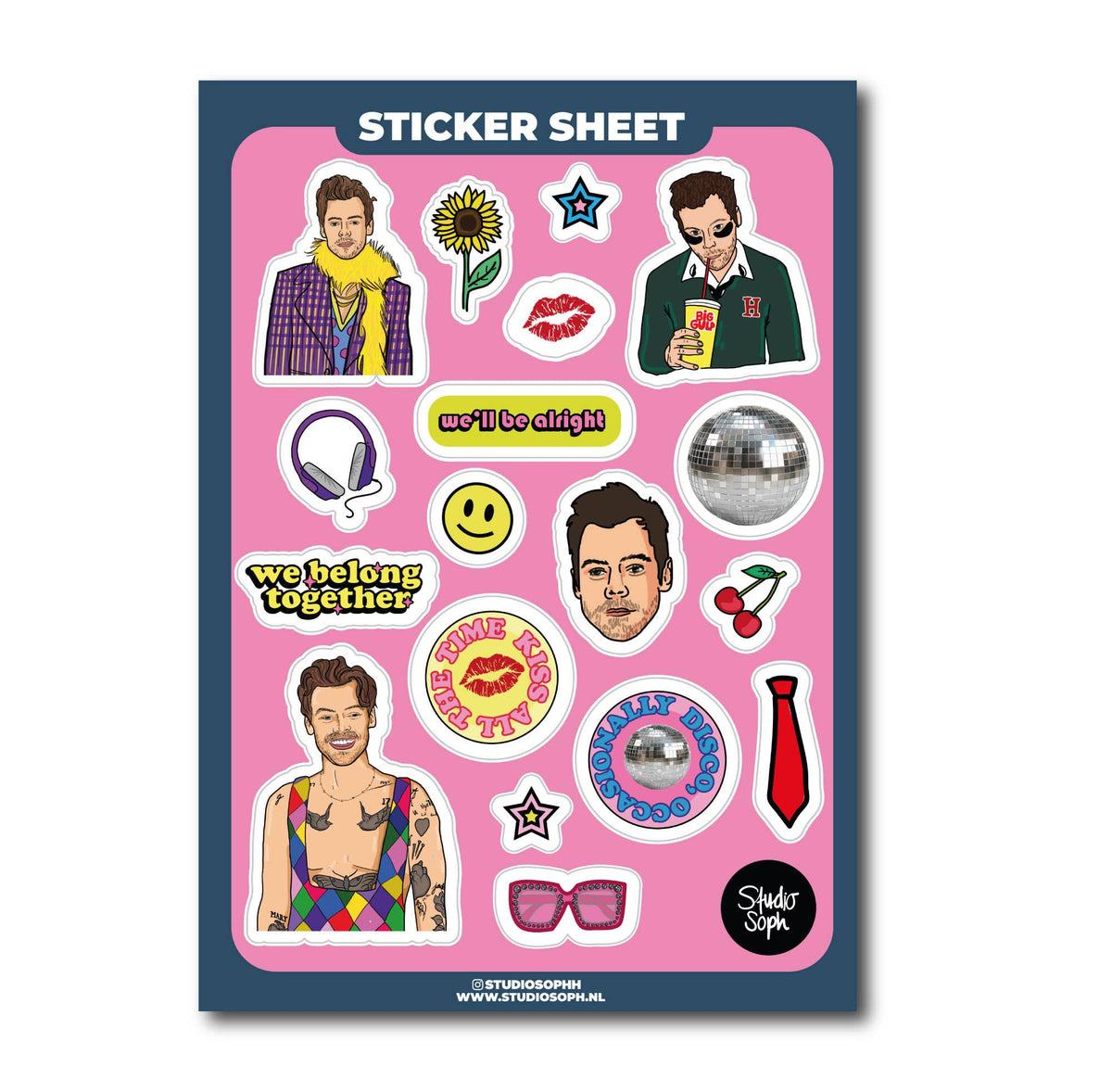 A5 sticker sheet with cartoon music-themed cutouts, including faces, stars, and icons.