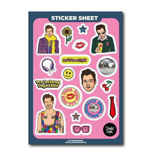 A5 sticker sheet with cartoon music-themed cutouts, including faces, stars, and icons.