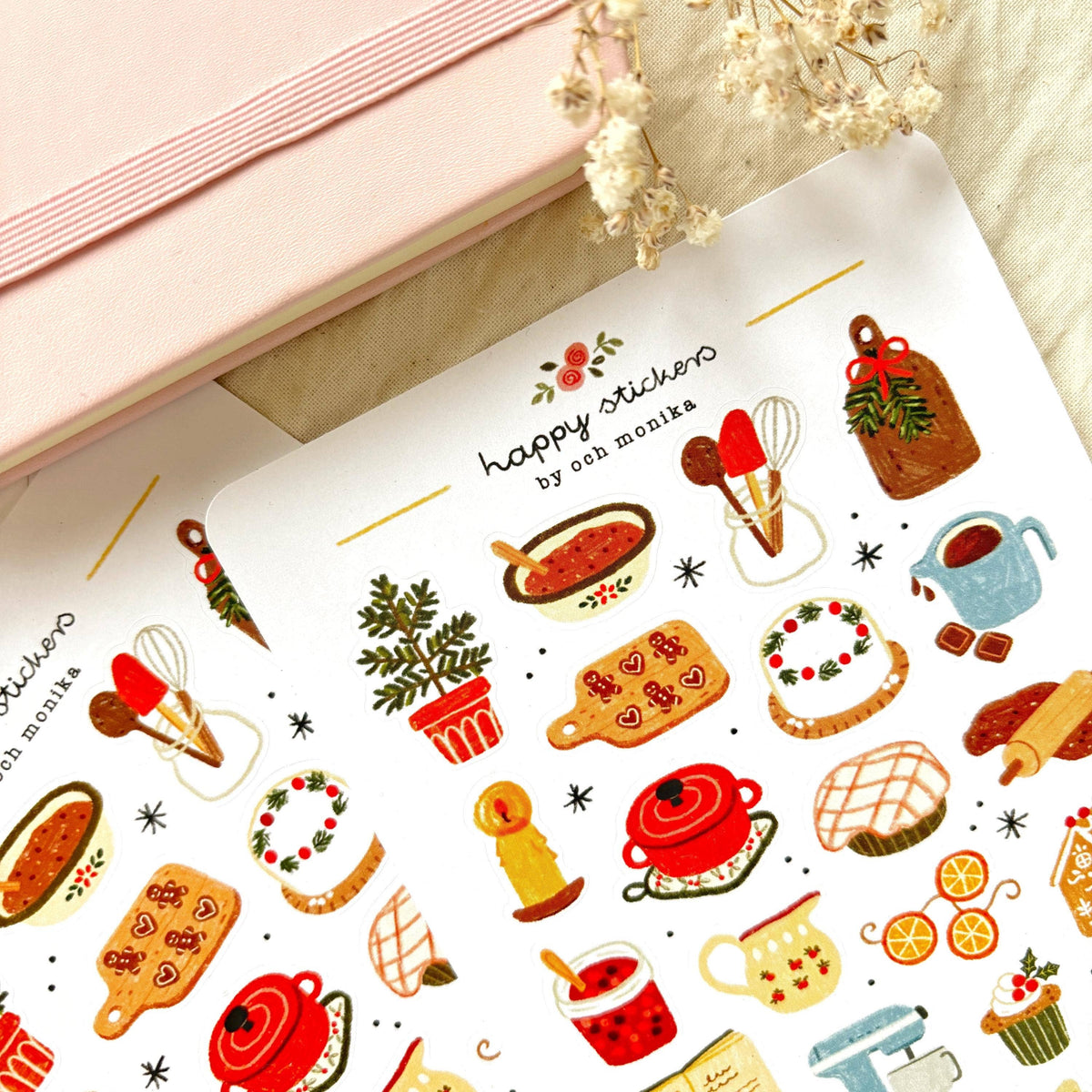 Winter baking sticker sheet angled view with illustrated kettle, gingerbread, and pie stickers