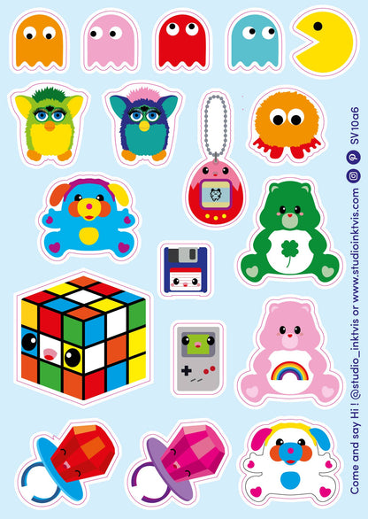 Sticker sheet with retro monsters, Rubik-style cube, toy game console, rainbow badge