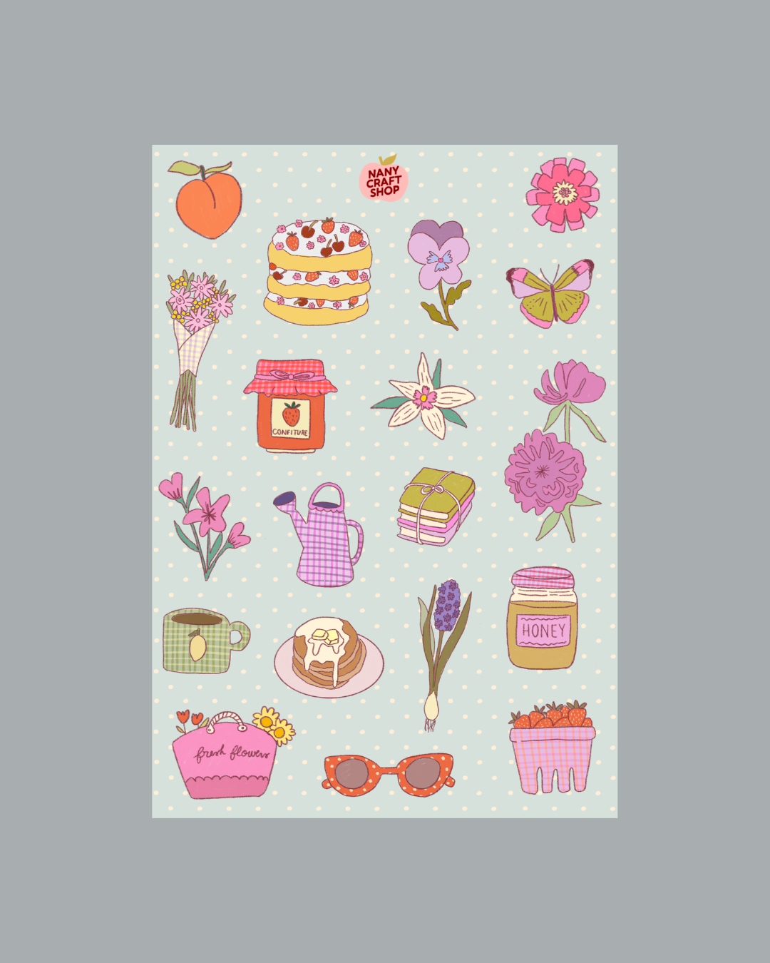 A5 picnic sticker sheet with pink flowers, cake, honey jar, and picnic items