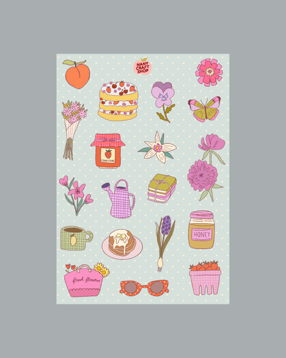 A5 picnic sticker sheet with pink flowers, cake, honey jar, and picnic items